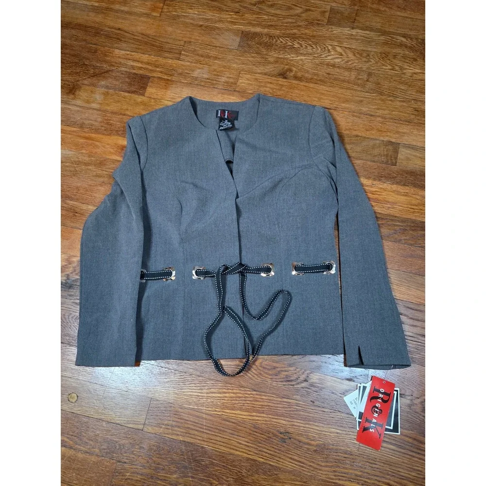R&K Originals Petite Gray Grommet Tie Waist Collarless Blazer Jacket Size 8P NEW